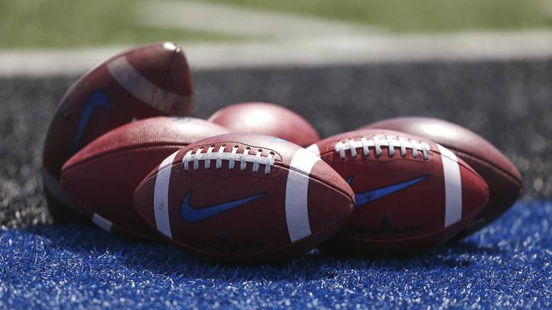 AMHERST, NY - APRIL 30: Footballs sit on the turf during the University at Buffalo Spring Game...