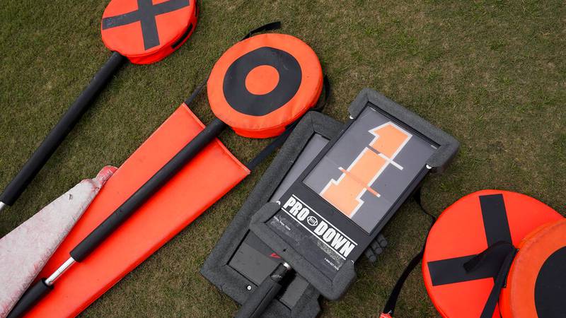 Down markers can be seen on the field before an NCAA college football game between Stanford and...