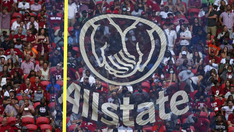ATLANTA, GA - SEPTEMBER 04: A general view of the Allstate netting behind the goalposts at the...