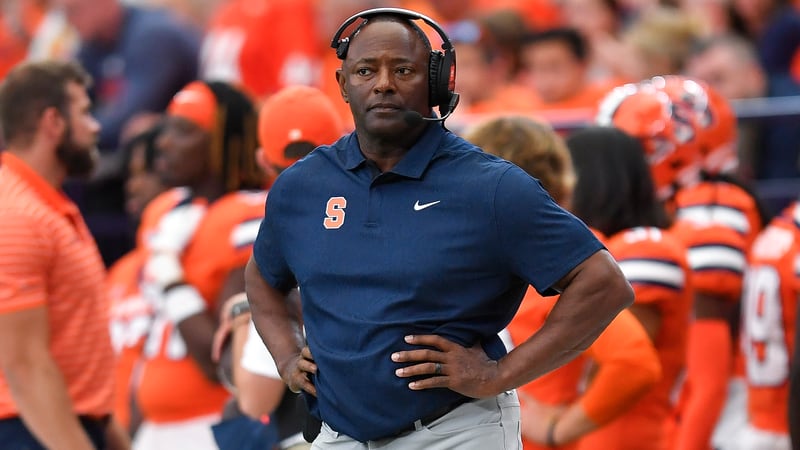 Syracuse head coach Dino Babers looks on during the second half of an NCAA college football...