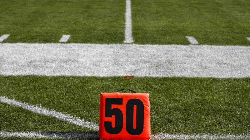 A detail of a the 50-yard line marker prior to the 108th Rose Bowl NCAA college football game...